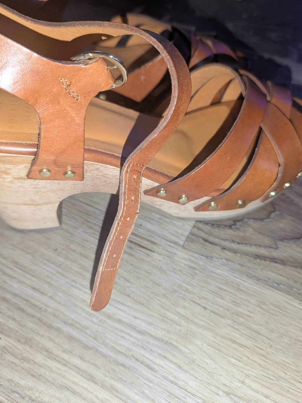 Sezane Tan Brown Leather Strappy Clog Wood Heels Sandals - Picture 3 of 7